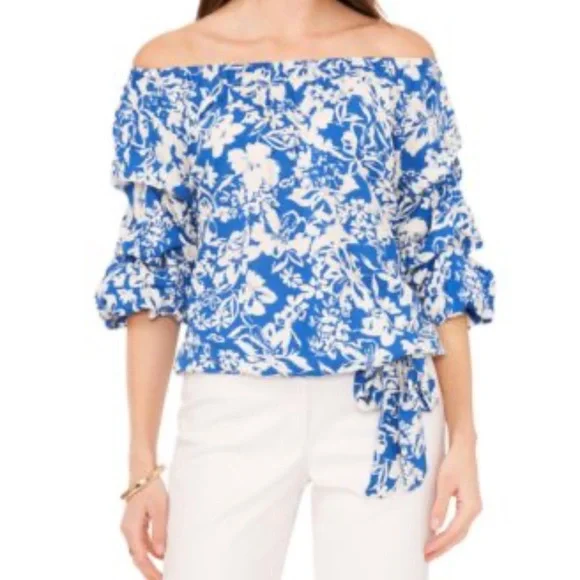 Vince Camuto Blue and White Floral Tie-Front Blouse - Picture 1 of 5